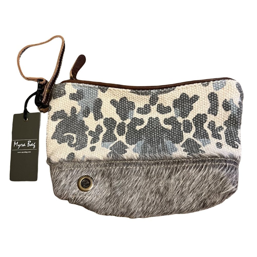 NWT Myra Bag Gray Cream Spotted Canvas Leather Hairon Wristlet Purse